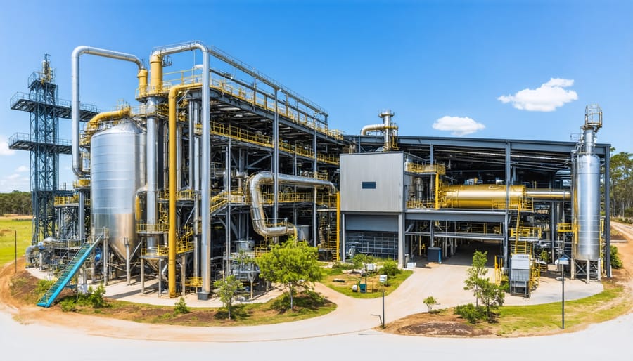 Local bioenergy plant with smartphone showing DeFi investment platform interface