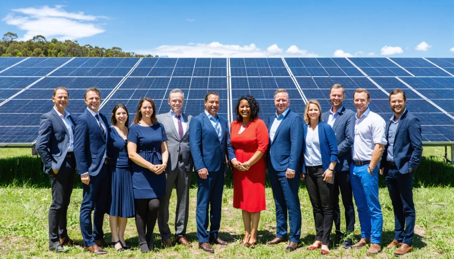 Australian community members, government officials, and local leaders collaborating on a solar energy and bioenergy project, symbolizing teamwork and sustainable energy advancements.