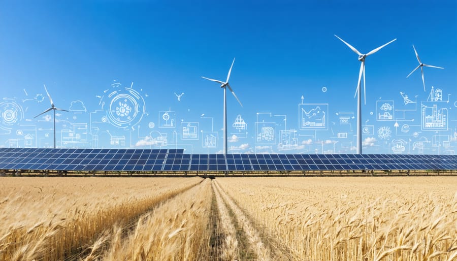 An Australian farm landscape with solar panels, wind turbines, and biomass facilities, illustrating the transformation of agricultural land into a renewable energy hub.