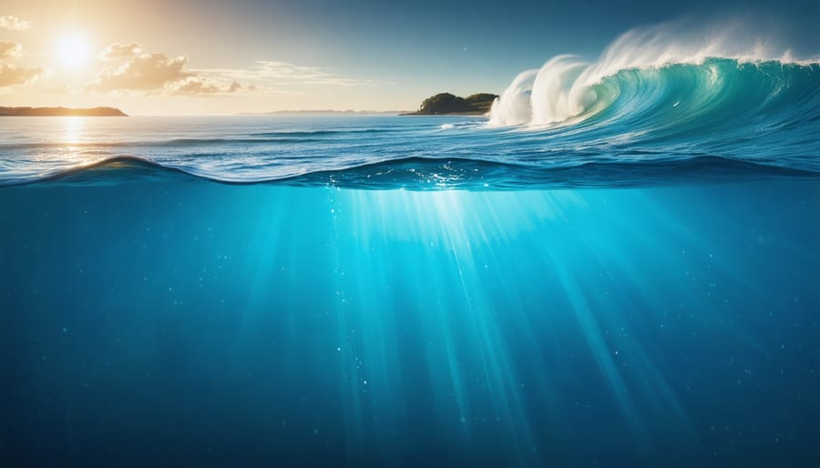 Conceptual illustration showing Australia's coastline with crashing waves, underwater tidal energy turbines, and graphics symbolizing renewable energy harnessing from the ocean.