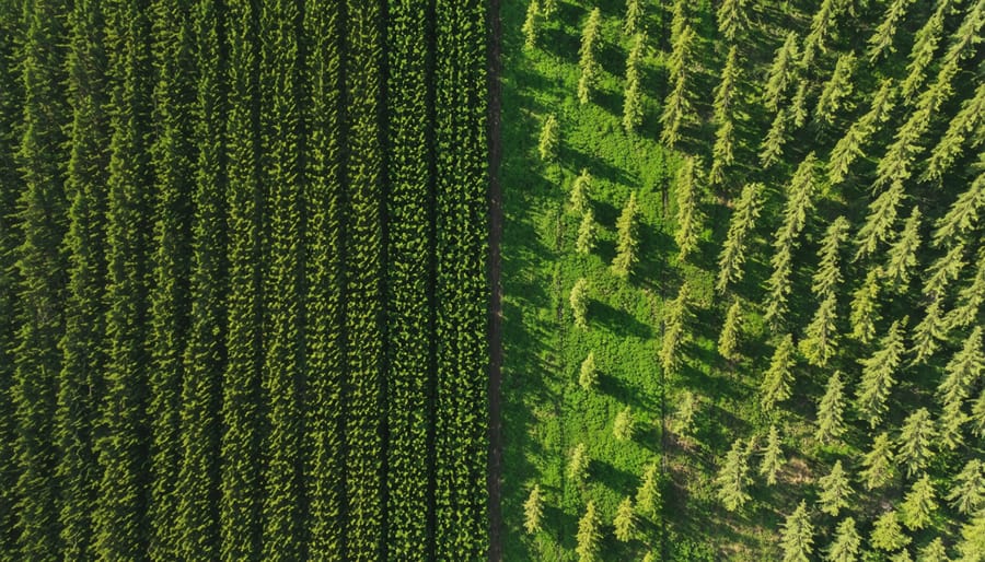 Aerial photograph showing rows of young trees next to mature forest in an Australian reforestation project