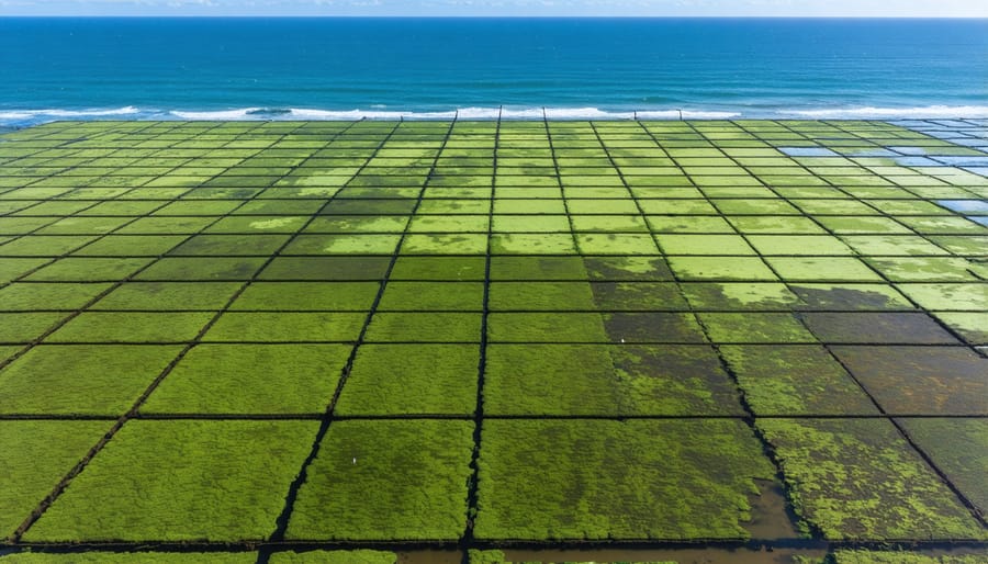 Bird's eye view of an Australian seaweed farm with floating cultivation lines in ocean waters
