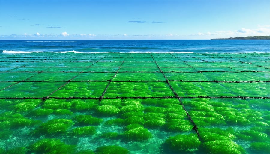 Aerial view of an Australian seaweed farm with structured cultivation lines in clear ocean waters, illustrating the potential of seaweed as a renewable energy source under sunny skies.