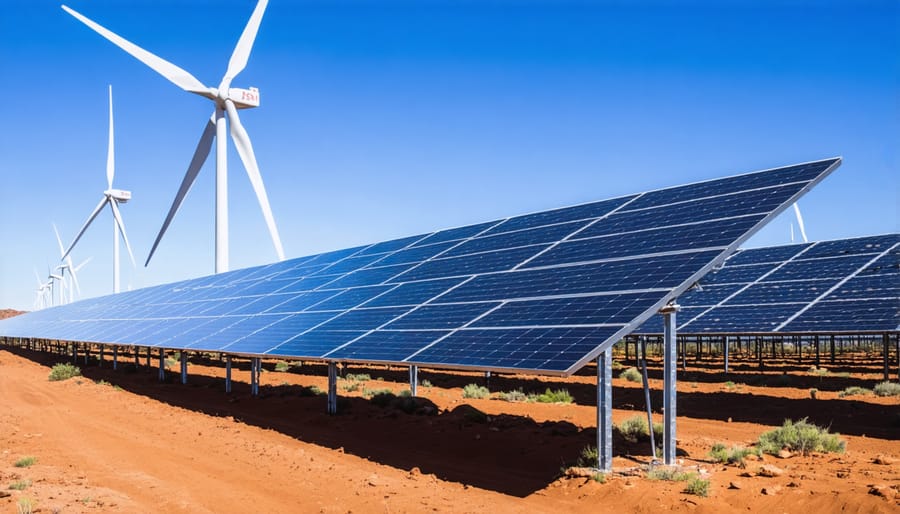 Solar panels and wind turbines operating together in an Australian renewable energy facility