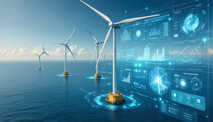Conceptual illustration of floating wind turbines leveraging AI technology against the backdrop of Australia's coastline, symbolizing advanced wind energy solutions.