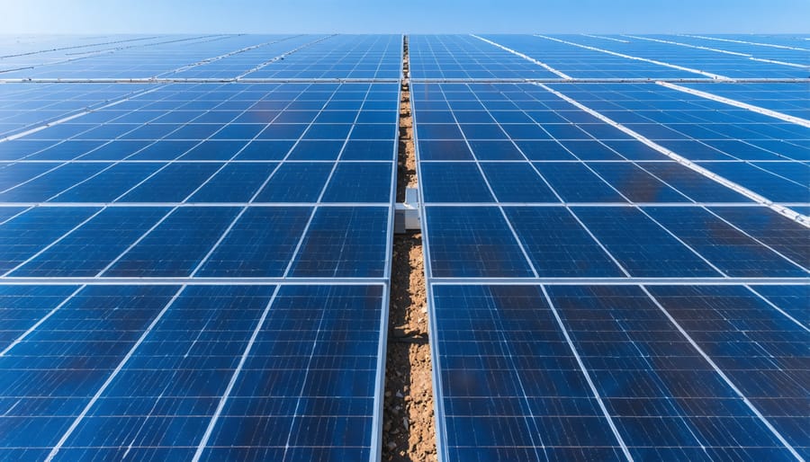 Ground-mounted bifacial solar panels capturing sunlight from both front and rear surfaces
