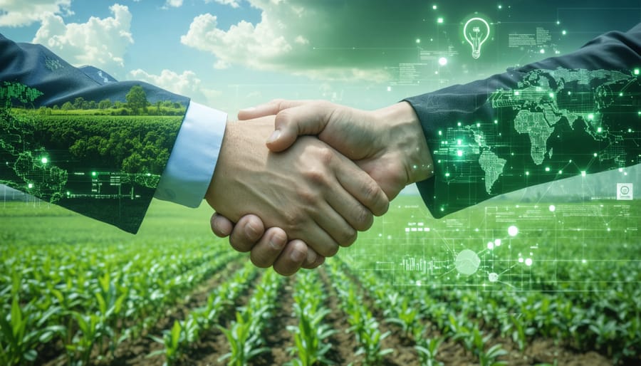 Representatives from different countries shaking hands in front of a state-of-the-art bioenergy facility, symbolizing international cooperation and investment in sustainable energy.