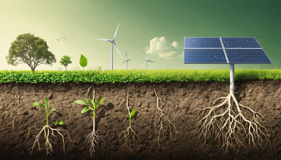 Conceptual illustration of bioenergy crops enhancing soil carbon storage with extensive root systems below ground and renewable energy production above ground, symbolized by wind turbines and solar panels in the background.