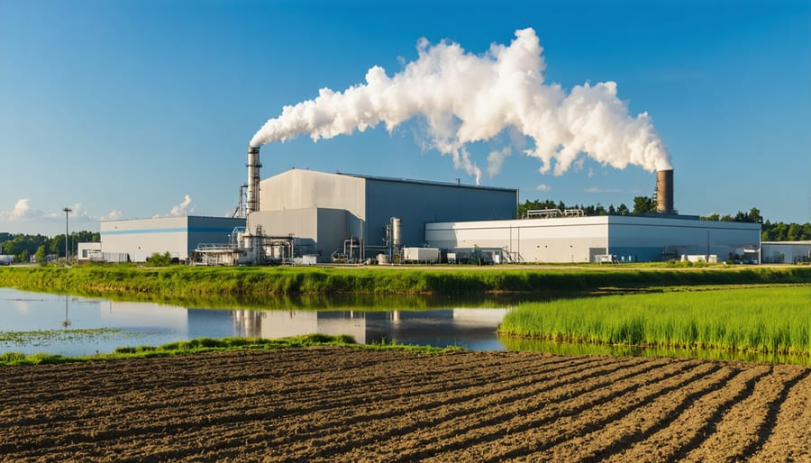 Aerial view of a bioenergy power plant showing main facility and biomass storage areas