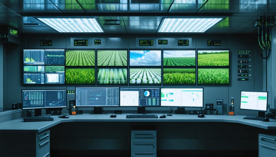 Security personnel monitoring bioenergy systems in a high-tech control center