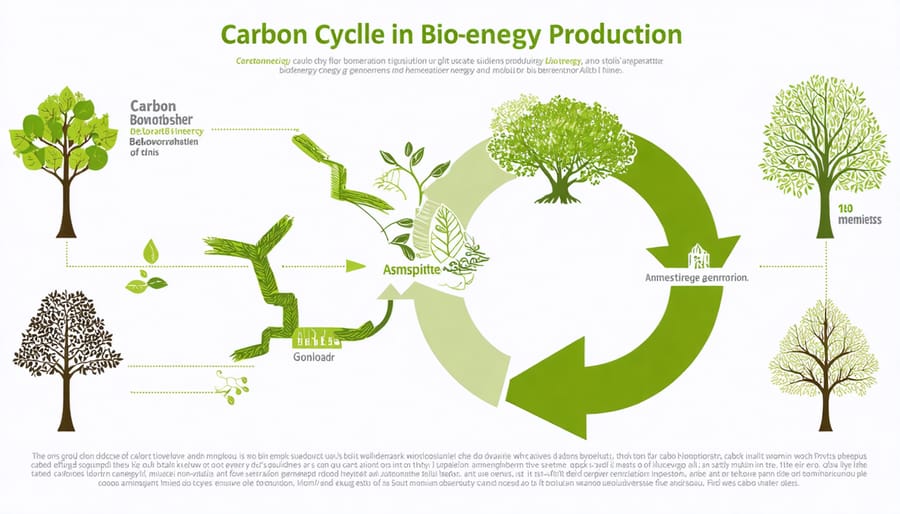 Circular diagram illustrating how carbon cycles through biomass energy production and consumption