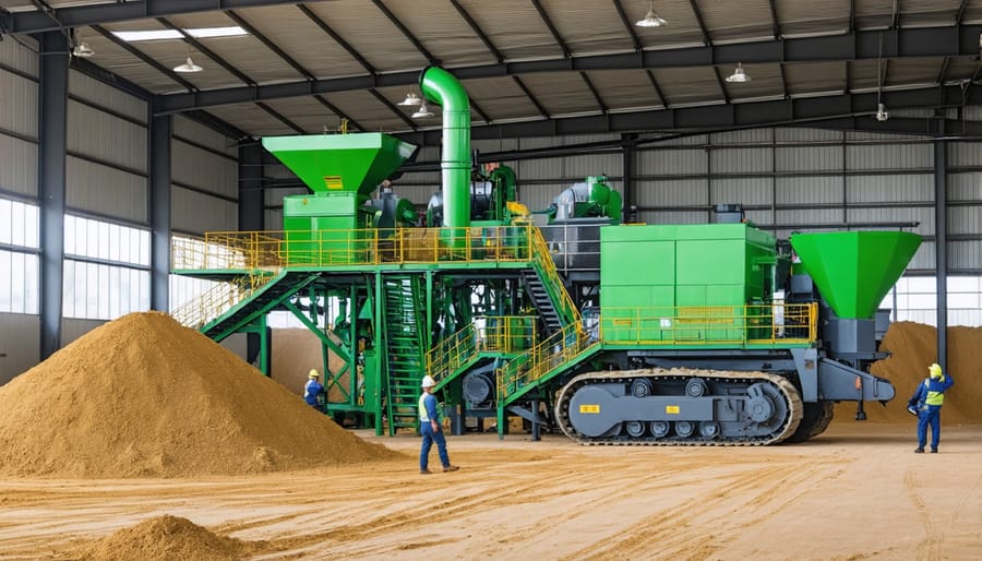 Industrial biomass processing facility with workers converting farm waste to bioenergy