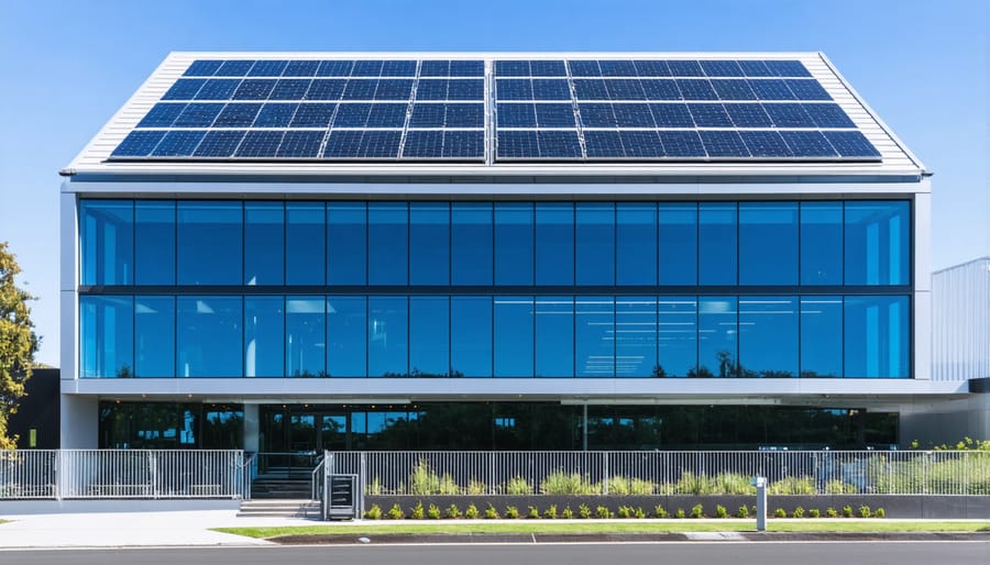 Commercial building showcasing building-integrated photovoltaic solutions in windows and roofing
