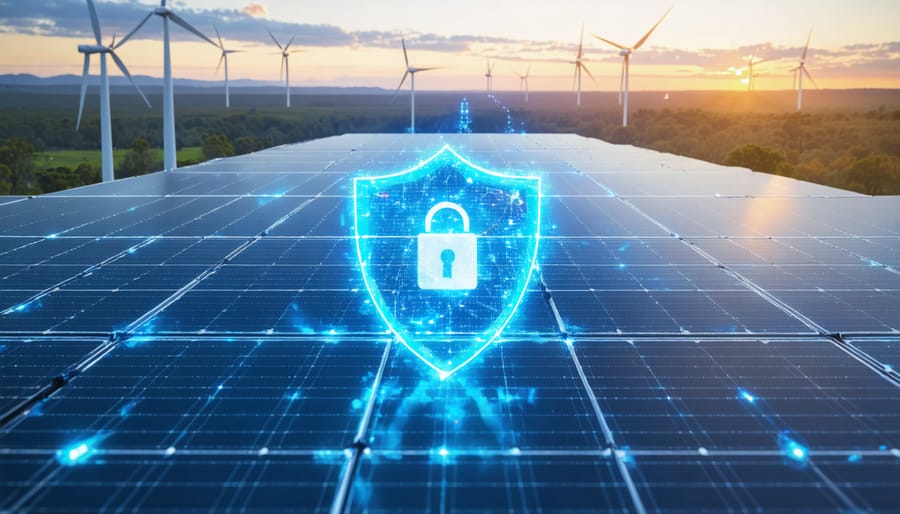 A conceptual illustration showing Australia's smart energy grid shielded by a digital cybersecurity barrier, with solar panels and wind turbines in the background.