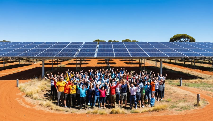 Community members engaging in a cooperative meeting at a solar farm in Australia, discussing plans for a community-owned renewable energy project. The image shows diverse individuals interacting around solar panels, emphasizing collective action for sustainable energy solutions.