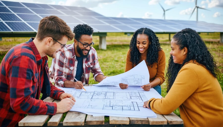 A diverse group of community members enthusiastically discussing bioenergy project plans outdoors, with solar panels and wind turbines in the background.