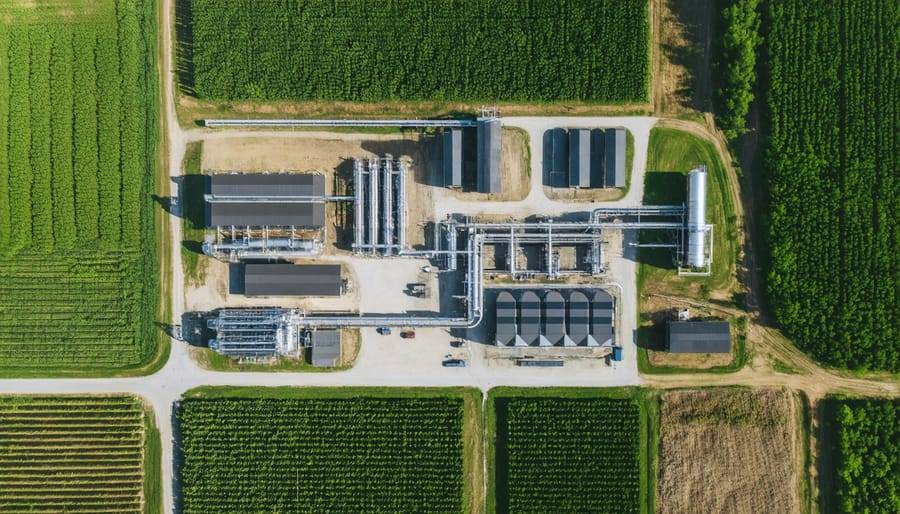 Aerial photograph of a rural bioenergy facility with biomass storage silos and surrounding farmland