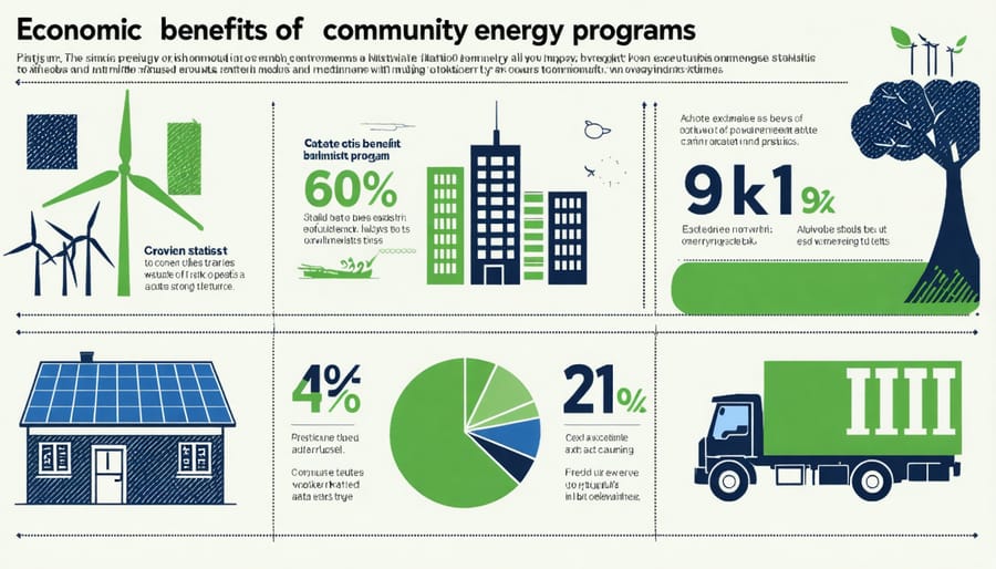 Visual representation of community energy program benefits including employment figures and carbon reduction data