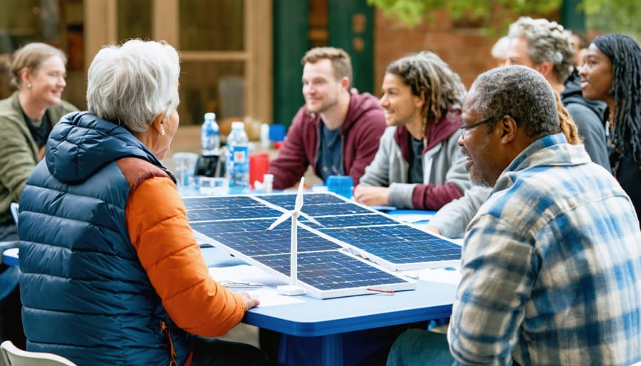 A group of community members engaged in an energetic discussion about a local renewable energy project, highlighting solar panels and wind turbines as symbols of clean energy collaboration.
