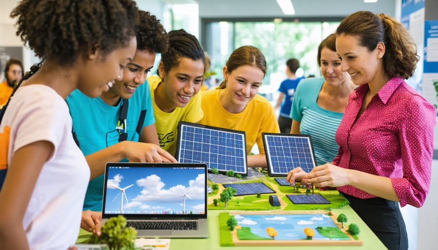 A diverse group of Australians actively participating in a community workshop about renewable energy, engaging with solar models and interactive displays in a well-lit community center.