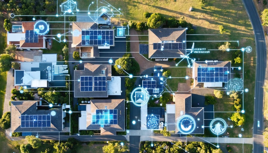Aerial view of a sustainable Australian community with integrated renewable energy systems and digital management interfaces, showcasing solar panels, wind turbines, and smart grids.