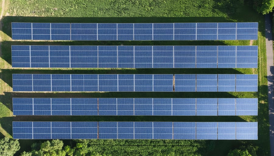 Bird's eye view of solar installation with community and corporate buildings visible