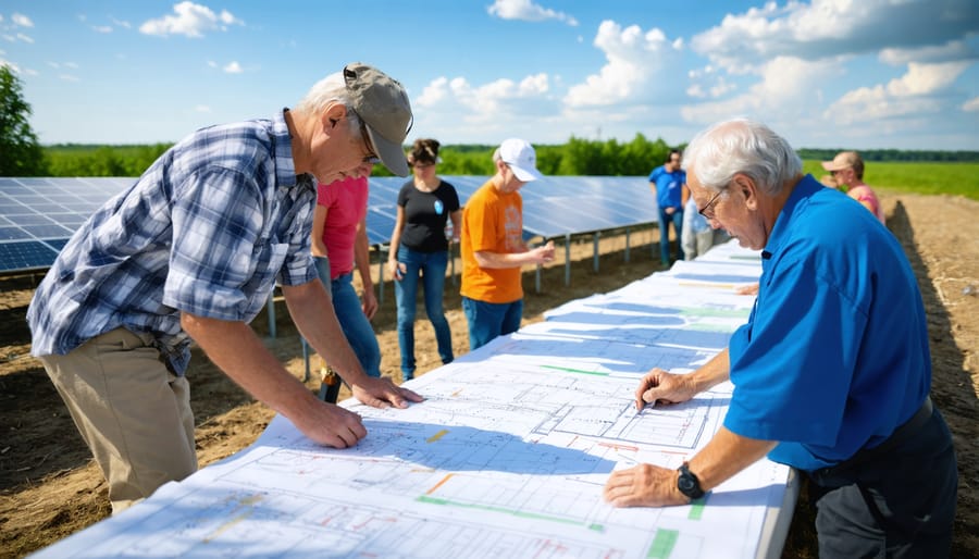 Diverse group of community members participating in a cooperative solar project meeting