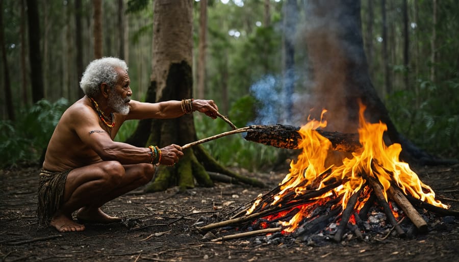 Indigenous elder conducting controlled burning practices in Australian landscape