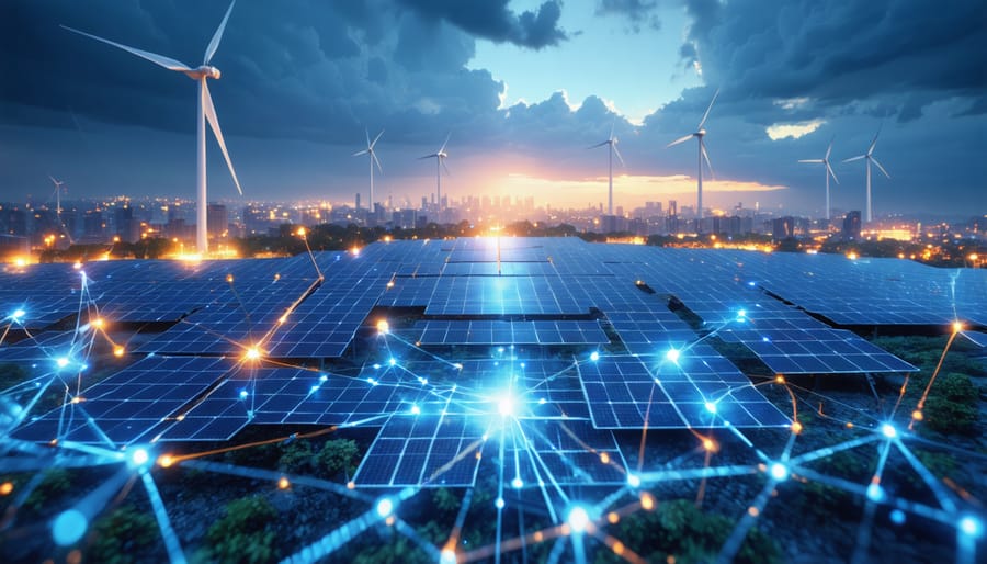 Illustration of a futuristic cityscape powered by renewable energy, with solar panels, wind turbines, and a glowing blockchain network symbolizing the power of decentralized finance in sustainable energy investments.