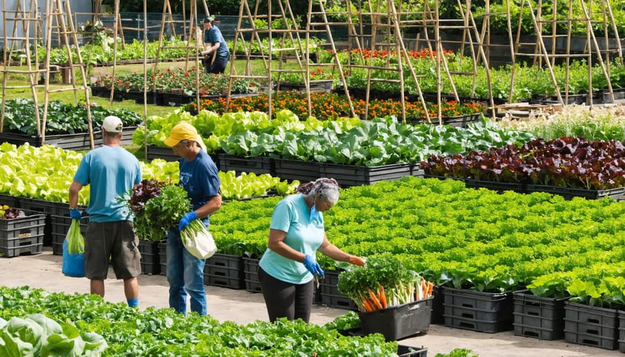 Diverse group of Detroit residents tending to vegetable beds in a community garden