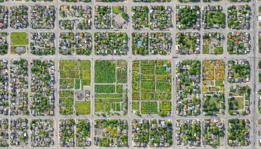 Bird's eye view of Detroit urban gardens integrated into residential areas, showing the transformation of vacant lots