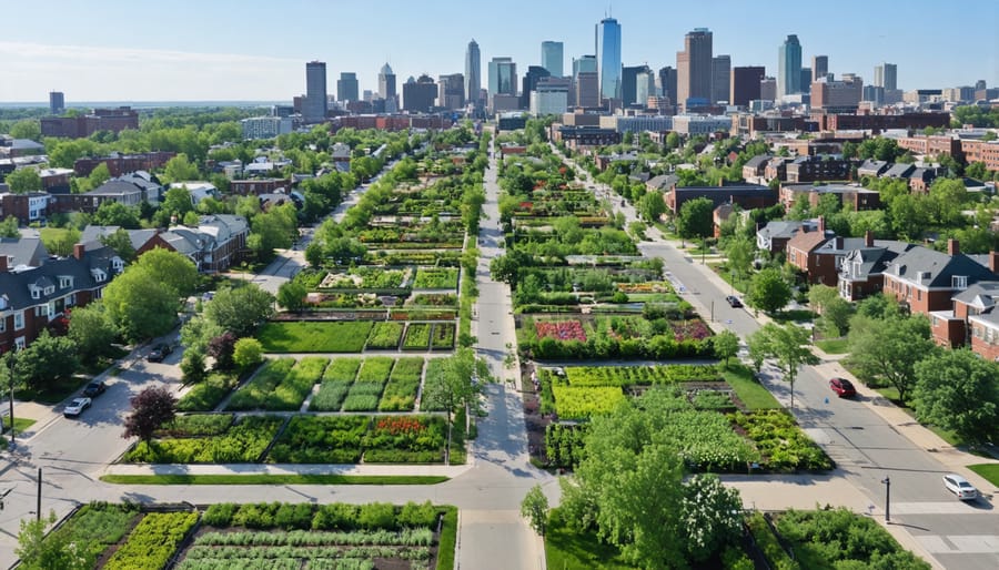 Aerial view of Detroit showing urban gardens that have replaced vacant lots, with residential buildings and a city skyline in the background, illustrating the transformation through urban agriculture.