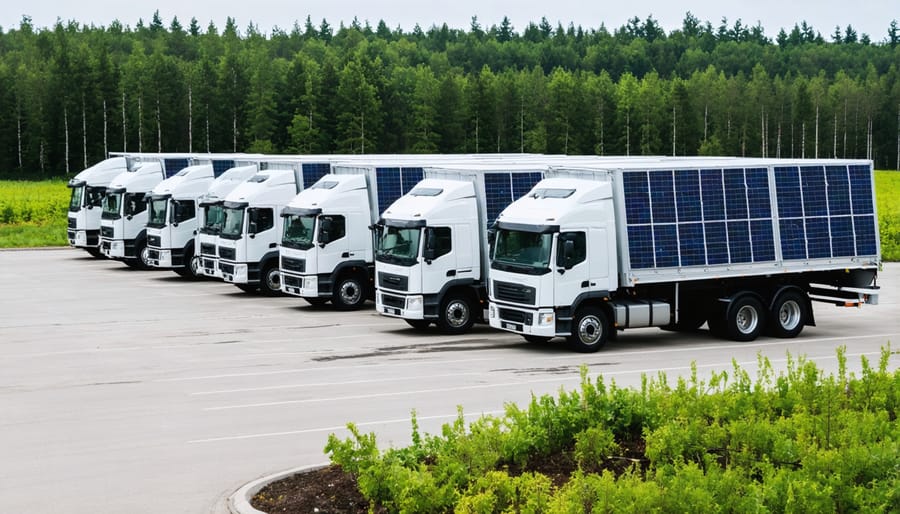 Modern electric transport vehicles parked at a biomass facility with solar panels visible in background
