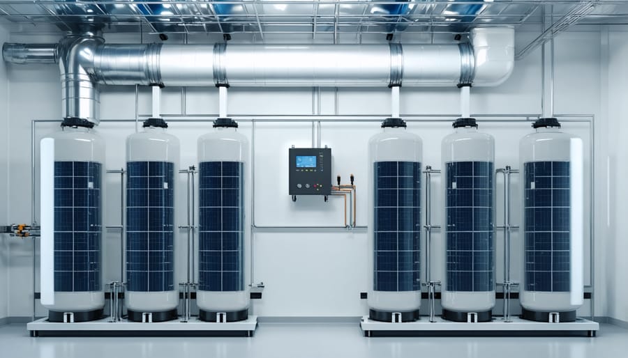 Large-scale flow battery energy storage facility with transparent storage tanks showing colored electrolyte solutions