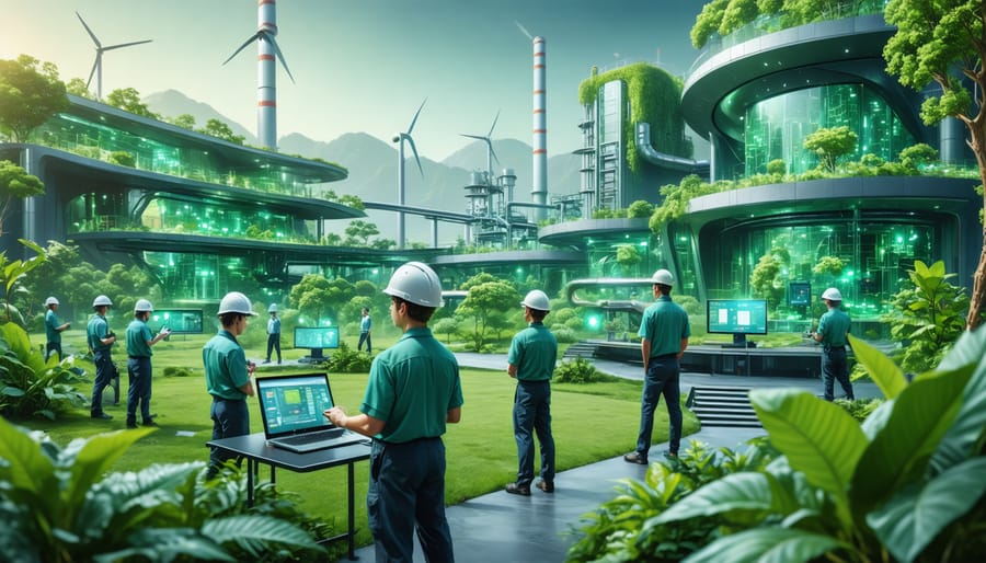 A futuristic bioenergy power plant with young apprentices operating advanced machinery and monitoring control panels, symbolizing innovation and sustainability in Australia's renewable energy sector.
