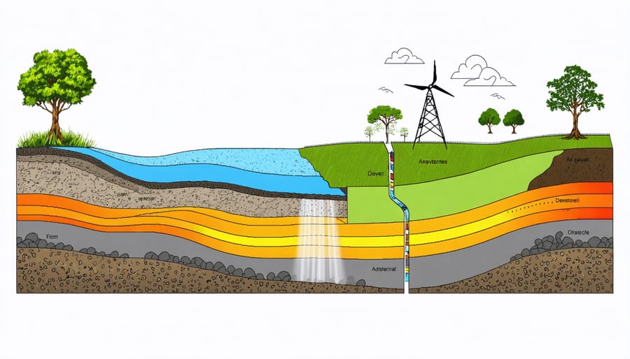 Illustrated diagram of Earth's crust, mantle, and core showing how geothermal energy flows to the surface