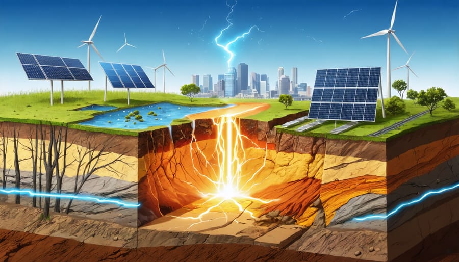 A conceptual illustration of Earth's layers with geothermal heat flowing to the surface, set against the Australian landscape featuring solar panels and wind turbines, representing the integration of geo-energy in renewable systems.