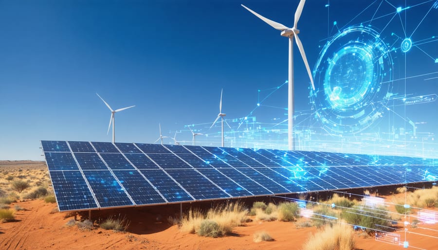 Futuristic depiction of Australia's energy landscape featuring solar panels, wind turbines, and an AI-managed smart grid, highlighting the integration of green AI technologies in sustainable energy management.