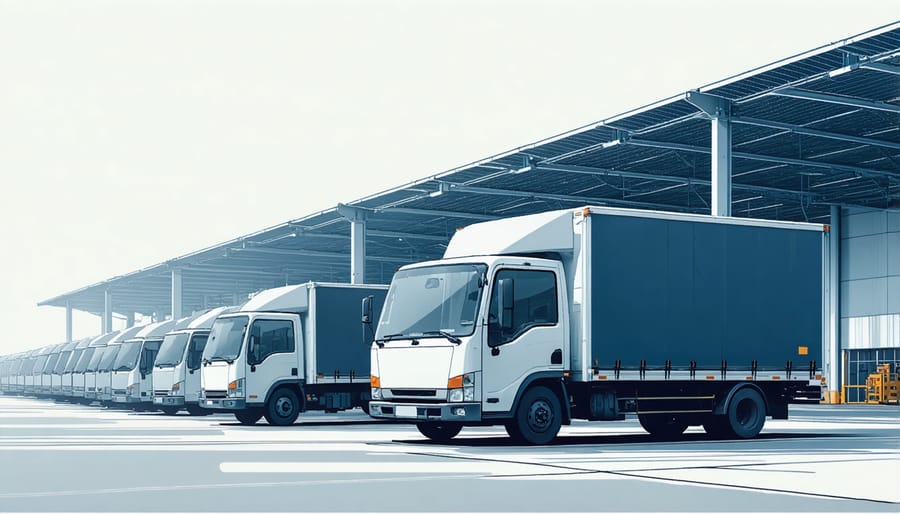 Modern green logistics facility featuring electric trucks and solar panels on warehouse roofs