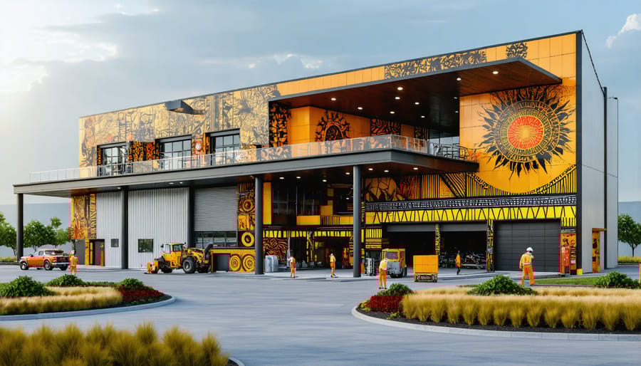 Contemporary bioenergy plant decorated with Aboriginal art featuring Indigenous workers operating equipment