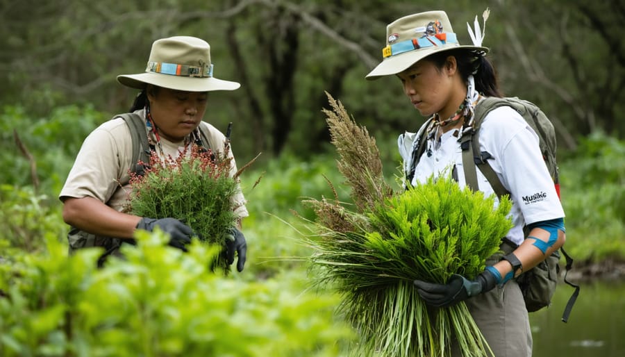 Aboriginal rangers and researchers collaborating on sustainable biomass collection in the field