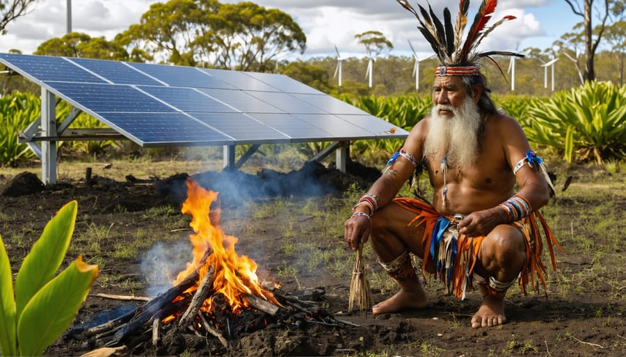 An Indigenous elder practicing traditional cultural burning in native Australian bushland, with solar panels and wind turbines in the background symbolizing the integration of ancient land management and modern renewable energy.