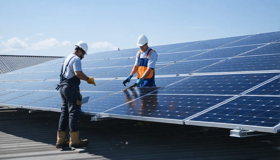 Team of local technicians installing solar panels on a cooperative energy project