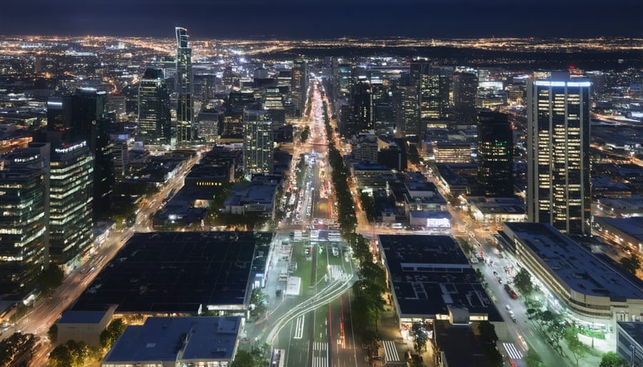 Aerial view of Melbourne city center at night showcasing modern LED street lighting network