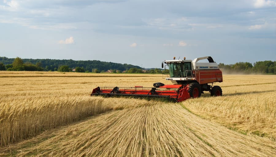 Aerial view of harvesting machinery in a mature miscanthus field used for bioenergy production
