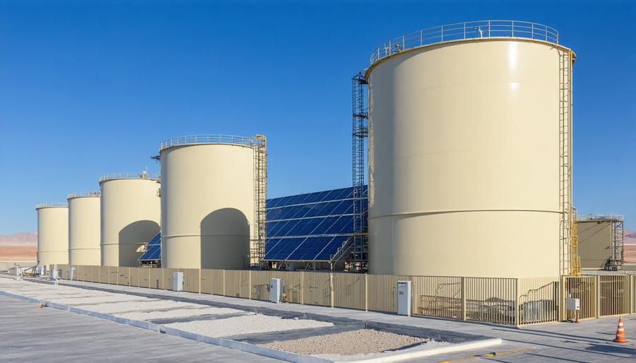 Aerial view of molten salt storage tanks and heat exchangers at renewable energy facility