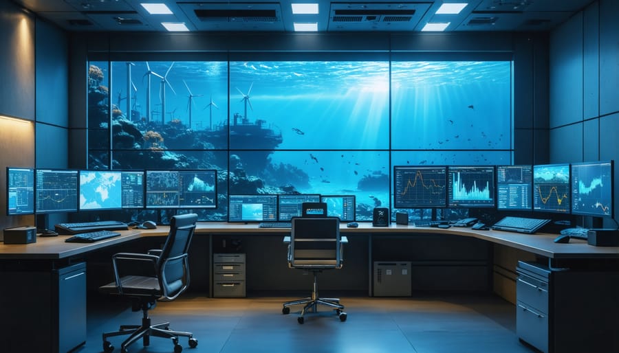 Modern control room with multiple screens displaying ocean energy grid integration and performance metrics