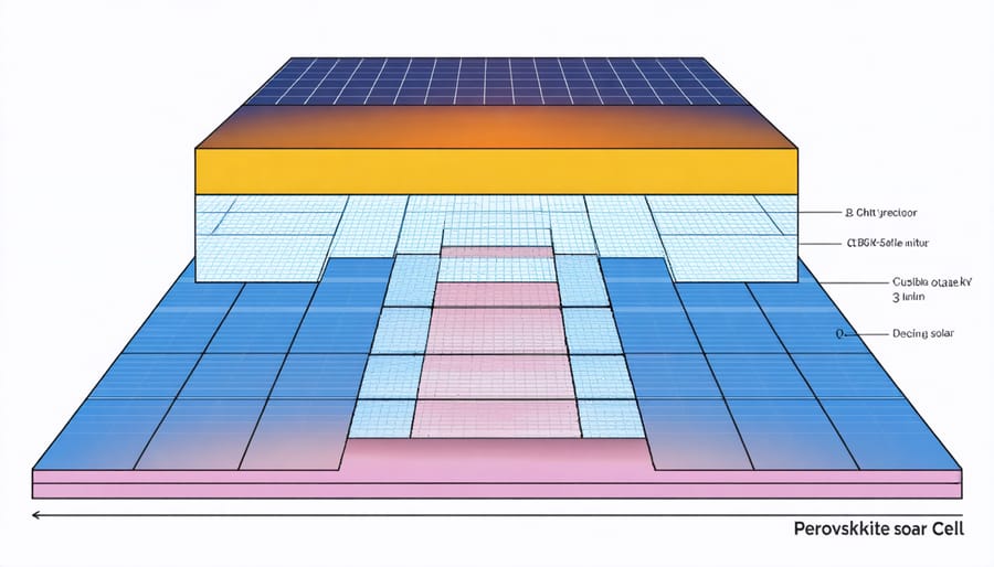 Technical illustration of perovskite solar cell layers including electron transport layer, perovskite material, and hole transport layer