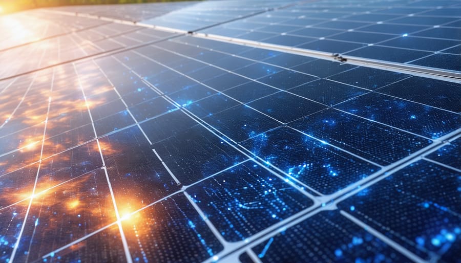 Solar farm installation with graphical overlay depicting how renewable energy assets are converted into digital tokens