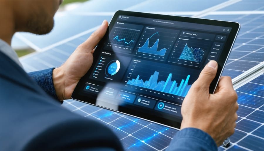 Energy manager analyzing renewable energy performance metrics on a digital tablet interface